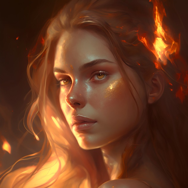 Portret de femeie cu flăcări în jurul ei