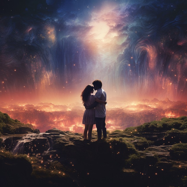 Cuplu de îndrăgostiți imbrățisându-se în fața unui peisaj mistic 