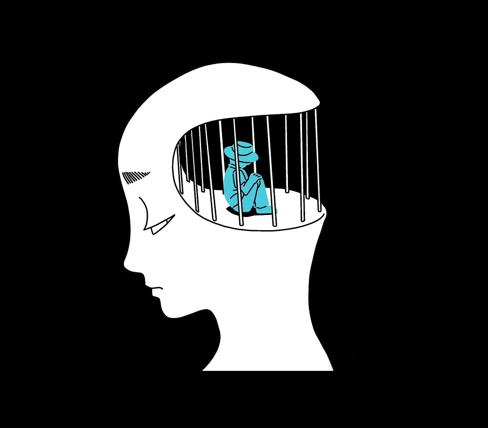 Ilustrație cu o persoană care este prizoniera propriilor gânduri.