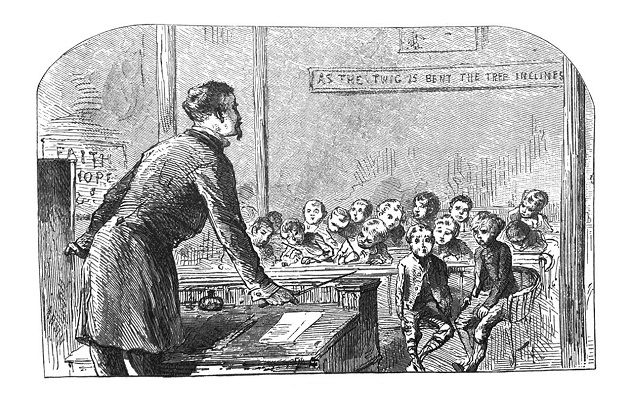 Ilustrație alb-negru cu profesor care stă la catedră și vorbește în fața elevilor săi