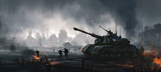 Ilustrație cu soldați război, printre tancuri și foc