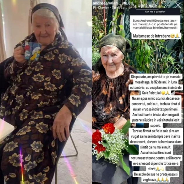 colaj cu bunica andreei balan si postarea de pe instagram in care andreea balan anunta decesul acesteia