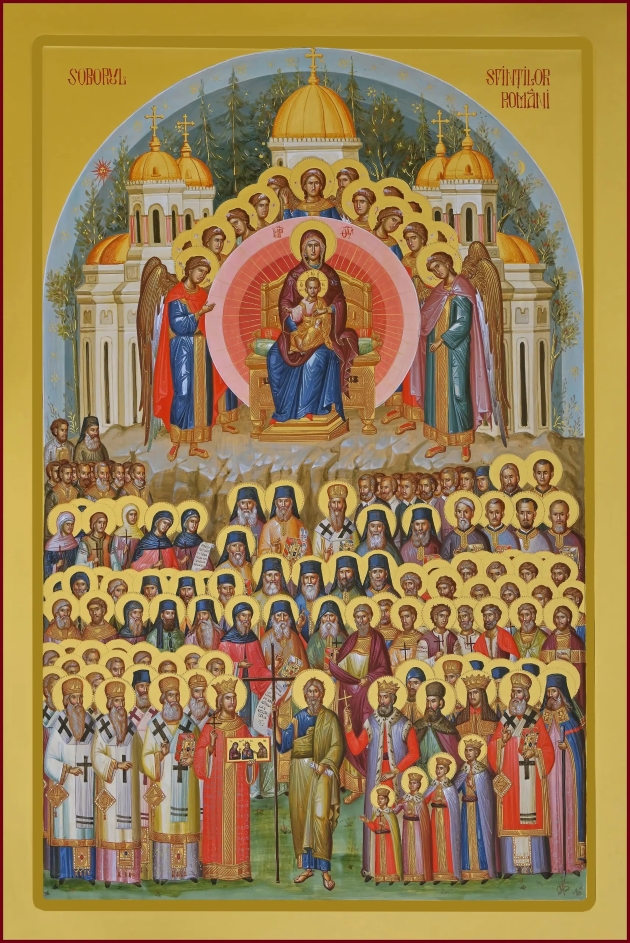icoana soborul sfintilor in care se afla reprezentati tot cei 16 noi sfinti ai bisericii ortodoxe romane