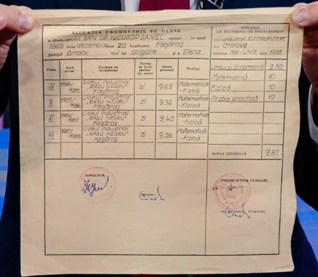 diploma de bacalaureat a lui nicusor dan prezentata live la tv