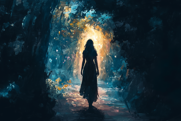 imagine fantasy cu o silueta feminina pe un drum spre lumina