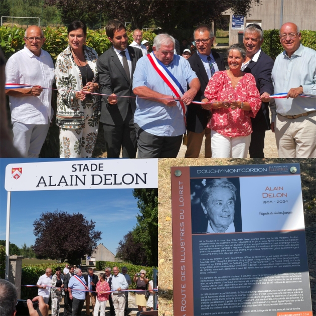 colaj cu imagini de la ceremonia de omagiere a lui alain delon in douchy-montcorbon