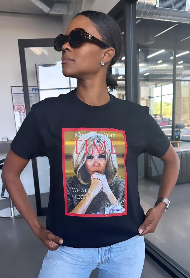 influencerita candace owens purtand un tricou negru cu chipul primei doamne brigitte macron