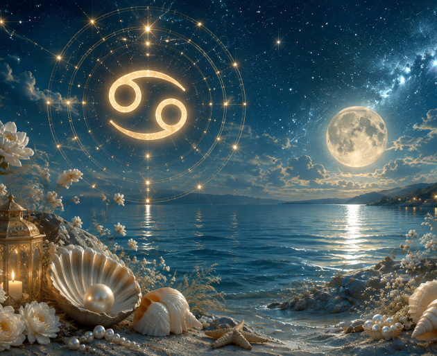 Imagine fantasy cu zodia Rac, cu simbolul zodiacal luminat pe un cer înstelat, deasupra unui peisaj marin scăldat în lumina Lunii