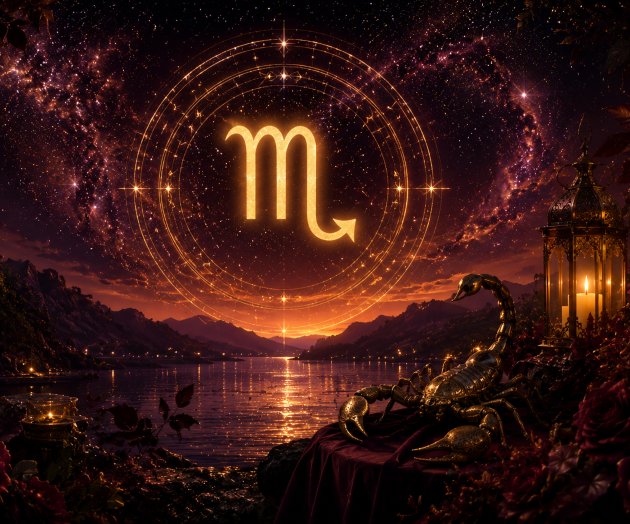 Imagine fantasy cu zodia Scorpion, cu simbolul zodiacal strălucind pe un cer cosmic, în nuanțe de visiniu, auriu și violet