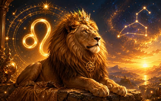 zodia Leu &icirc;ntr-o imagine fantasy, cu un leu regal, simbolul zodiacal și constelația Leului, &icirc;ntr-un decor cosmic auriu ce sugerează noroc, succes și prosperitate