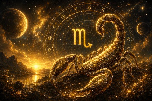 Imagine fantasy dedicată zodiei Scorpion, cu un scorpion impunător &icirc;n nuanțe aurii, simbolul zodiacal luminat pe un cer cosmic și accente strălucitoare ce sugerează forță, transformare, succes și magnetism