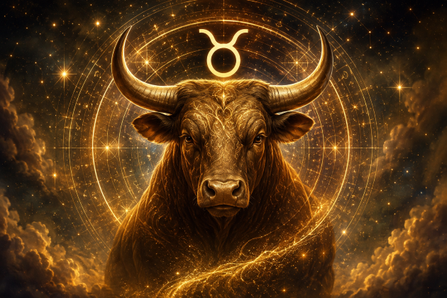 Imagine fantasy dedicată zodiei Taur, cu un taur impunător luminat &icirc;n tonuri aurii, simbolul zodiacal strălucind pe un fundal cosmic și un decor spectaculos ce sugerează stabilitate, prosperitate, putere și abundență