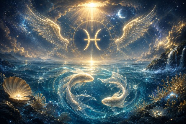 Simbolul zodiei Pești într-un peisaj marin și celestial, cu doi pești luminoși, aripi aurii, raze divine și un cer plin de stele, într-o atmosferă mistică și binecuvântată