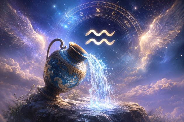 Simbolul zodiei Vărsător într-un decor cosmic spectaculos, înconjurat de aripi luminoase și reflexii aurii, în timp ce un vas albastru varsă apă strălucitoare într-un peisaj ceresc