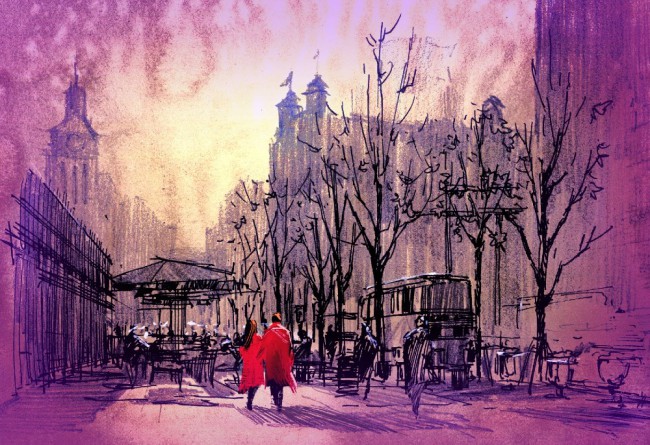 Ilustratie cu un cuplu care se plimbă prin oras