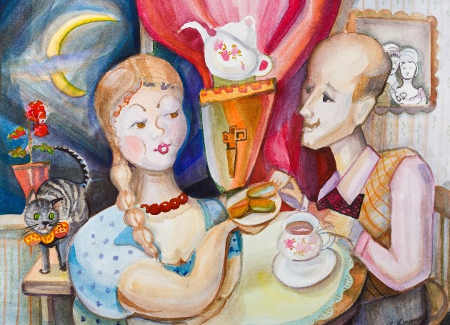 Ilustrație cu un cuplu care bea ceaiul