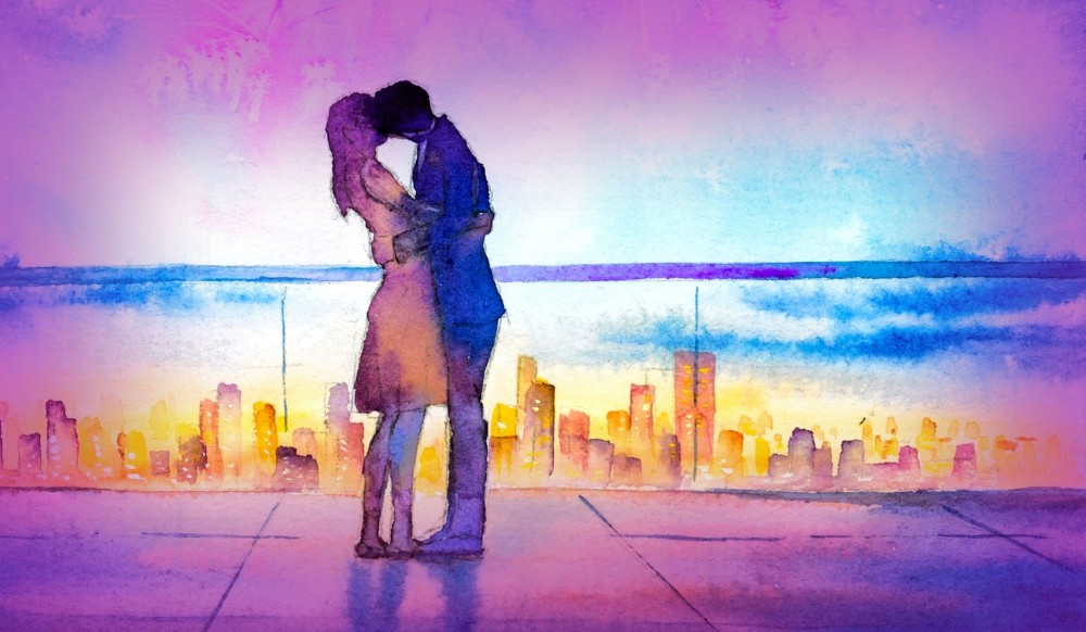 Ilustrație cu un cuplu care se sărută, cu un oras pe fundal