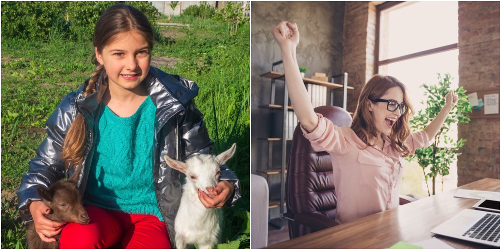 Colaj cu o imagine cu o fetiță care stă între două capre și o imagine cu o femeie care se bucură de succes