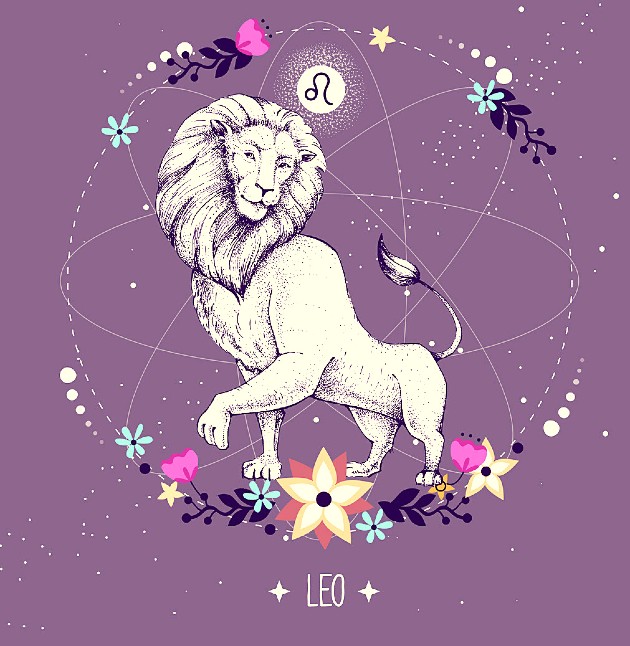 Ilustrație cu zodia leu pe fundal mov