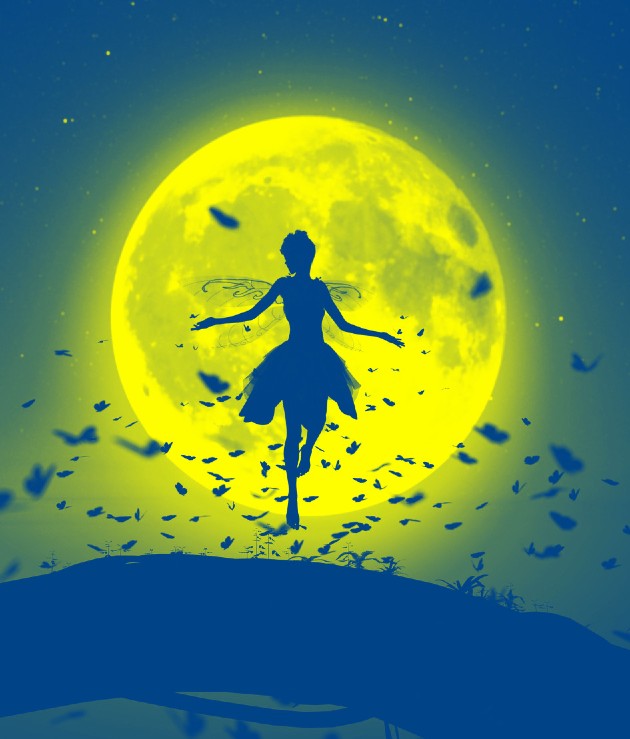 Ilustrație cu o zână care stă în fața lunii