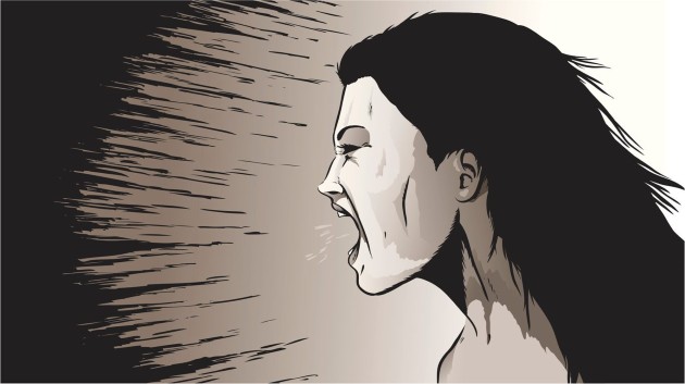 Ilustrație alb negru cu o femeie nervoasă care țipă