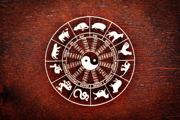 Ilustrație cu zodiacul chinezesc pe fundal roșu