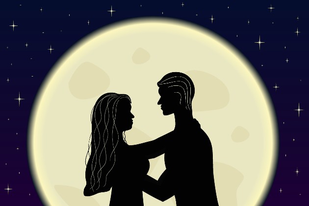 Ilustrație cu un cuplu care se sărută sub clar de lună