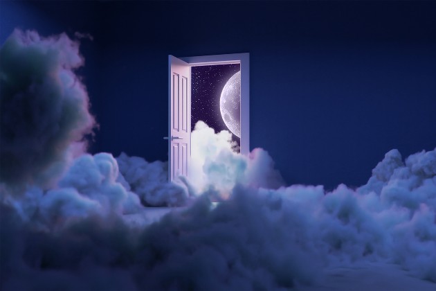 Ilustrație cu o ușă care se deschide în cer