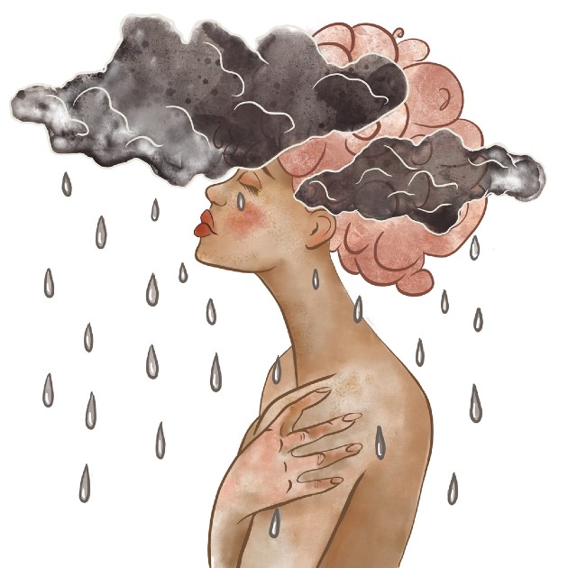 Ilustrație cu o femeie și un nor din care cad picuri de ploaie