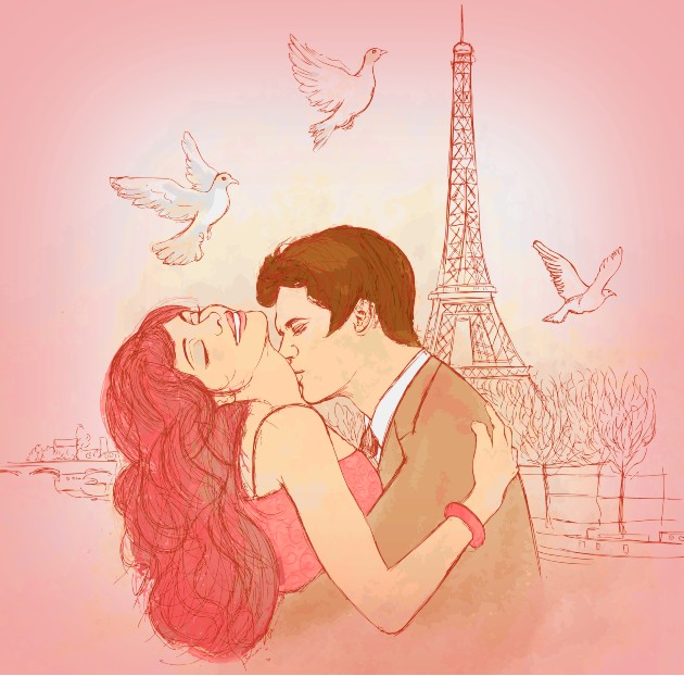 Ilustrație cu un bărbat care ține în brațe o femeie și o sărută