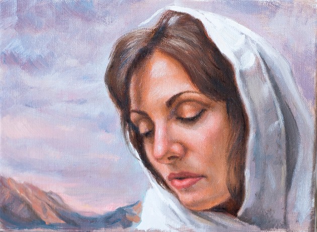 Ilustrație cu o femeie tristă care are capul acoperit și ochii închiși
