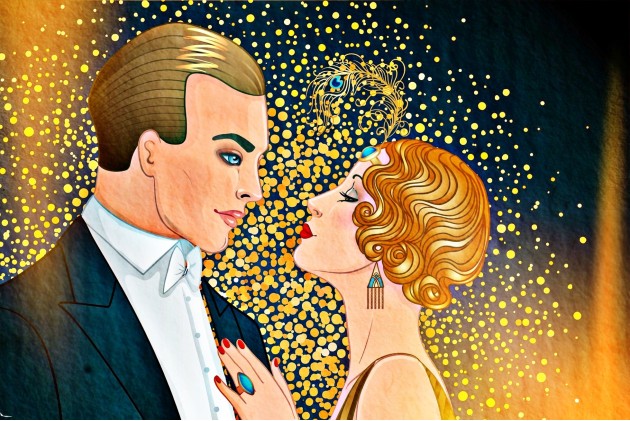 Ilustrație cu o femeie și un bărbat care se uită unul la celălalt în timp ce se îmbrățișează