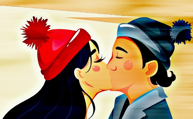 Ilustrație cu o fată cu căciulă roție care sărută un băiat cu căciulă albastră