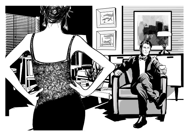 Ilustrație alb negru cu un bărbat care stă pe fotoliu și se uită la o femeie