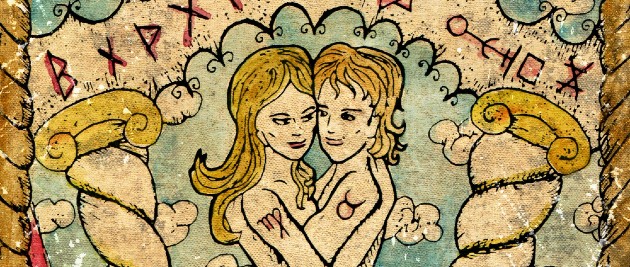 Ilustrație cu o femeie și un bărbatcare se țin în brațe