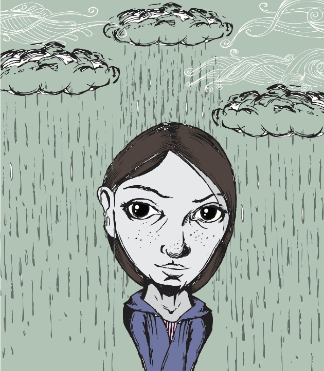 Ilustrație cu o femeie peste care plouă