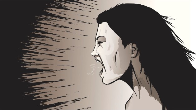 Ilustrație alb-negru cu o femeie care urlă