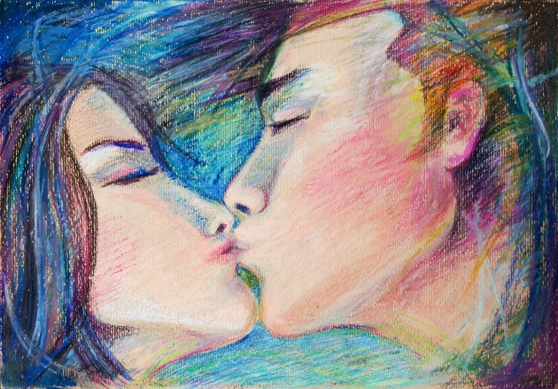 Ilustrație cu o femeie și un bărbat care se sărută