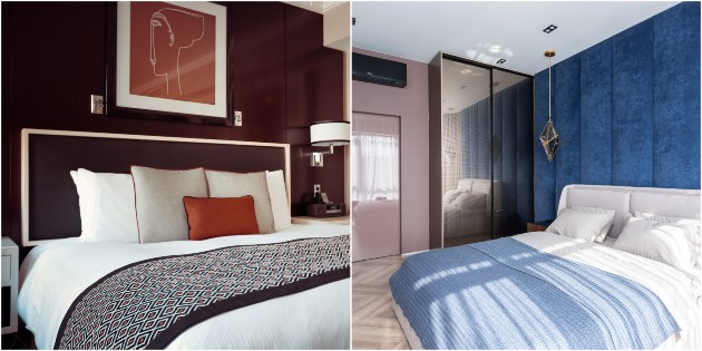 Colaj cu două fotografii cu dormitoare colorate