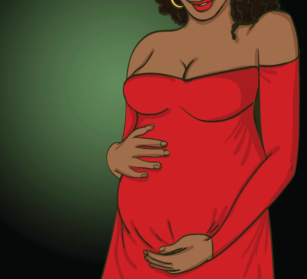 Ilustrație cu o femeie gravidă în rochie roșie