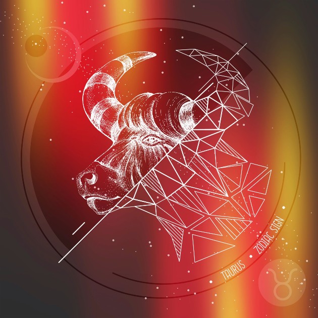 Ilustrație cu semn zodiacal Taur pe un fundal roșu și portocaliu