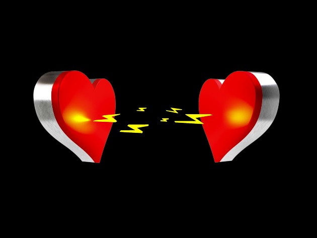 Ilustrație cu două inimi care se trag ca doi magneți