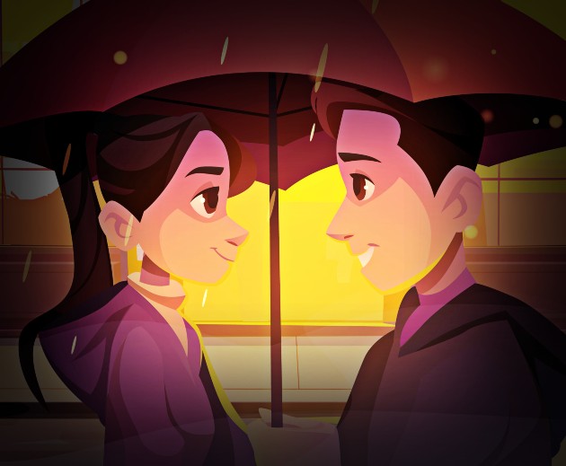 Ilustrație cu o femeie și un bărbat care stau sub o umbrelă