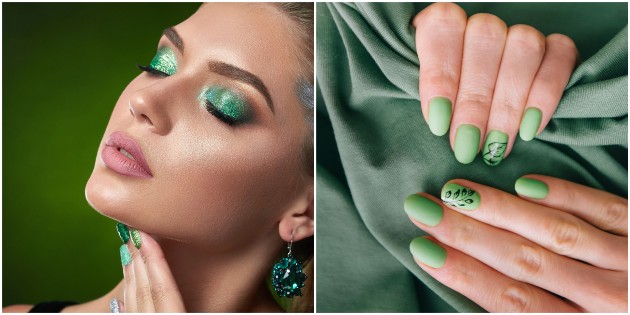 Colaj cu o imagine cu un mahiaj verde și una cu o manichiură verde