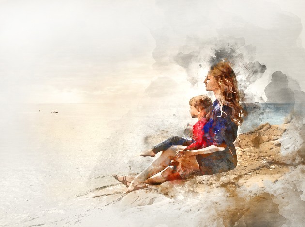 Ilustrație cu o mamă și o fiică care stau pe plajă