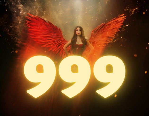 Ilustrație cu o femeie cu aripi de înger și numărul 999