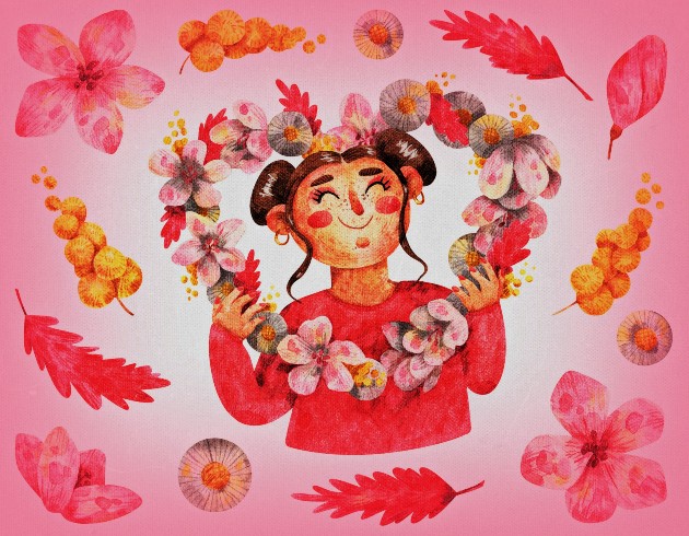 Ilustrație cu o fetiță care ține în mâini o inimă din flori