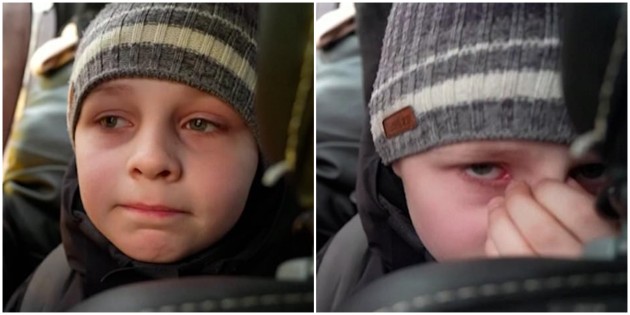 Colaj cu două imagini cu băiețelul ucrainean care plânge
