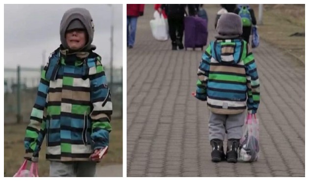 Imagine cu un copil ucrainean de cinci ani care fuge de război