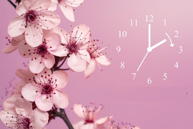 Imagine cu un ceas pe un fundal roz cu flori de primăvară